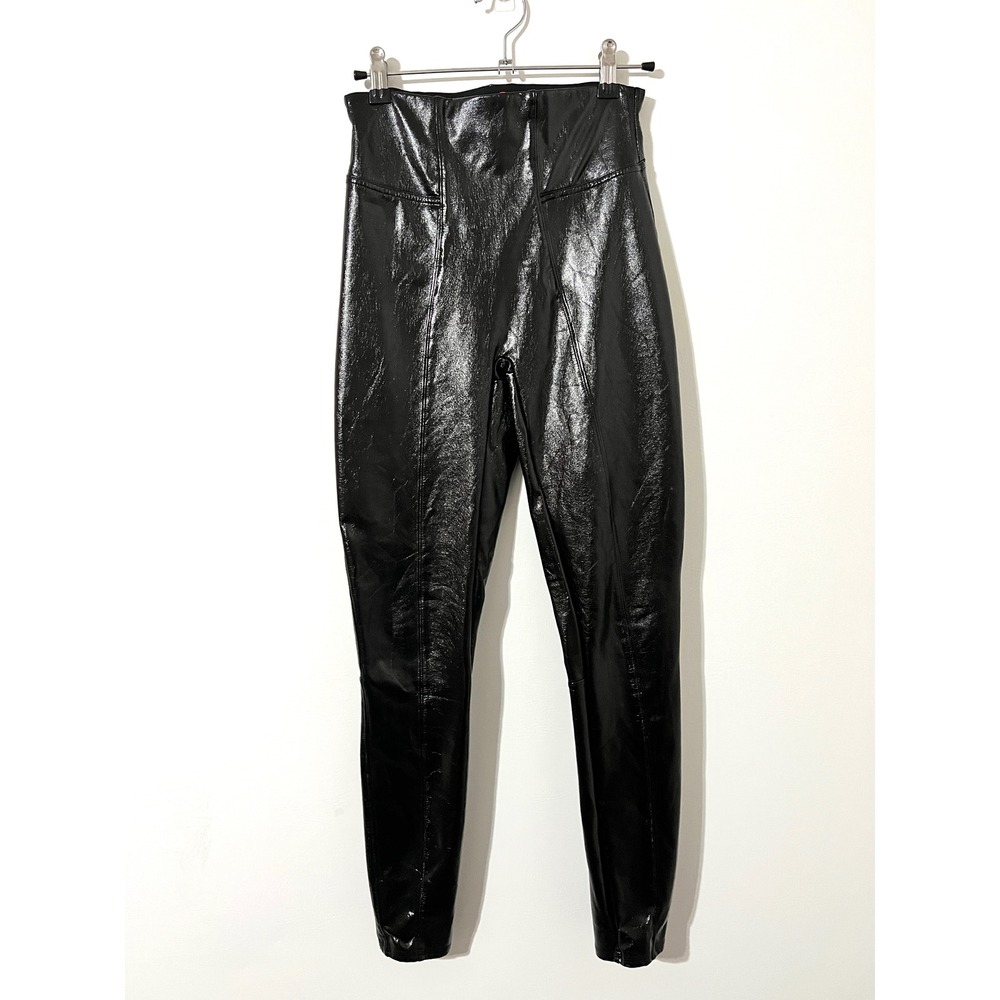 SPANX Black Faux Patent Leather Leggings Excellent High Rise Moto Seam Slim‎ XS